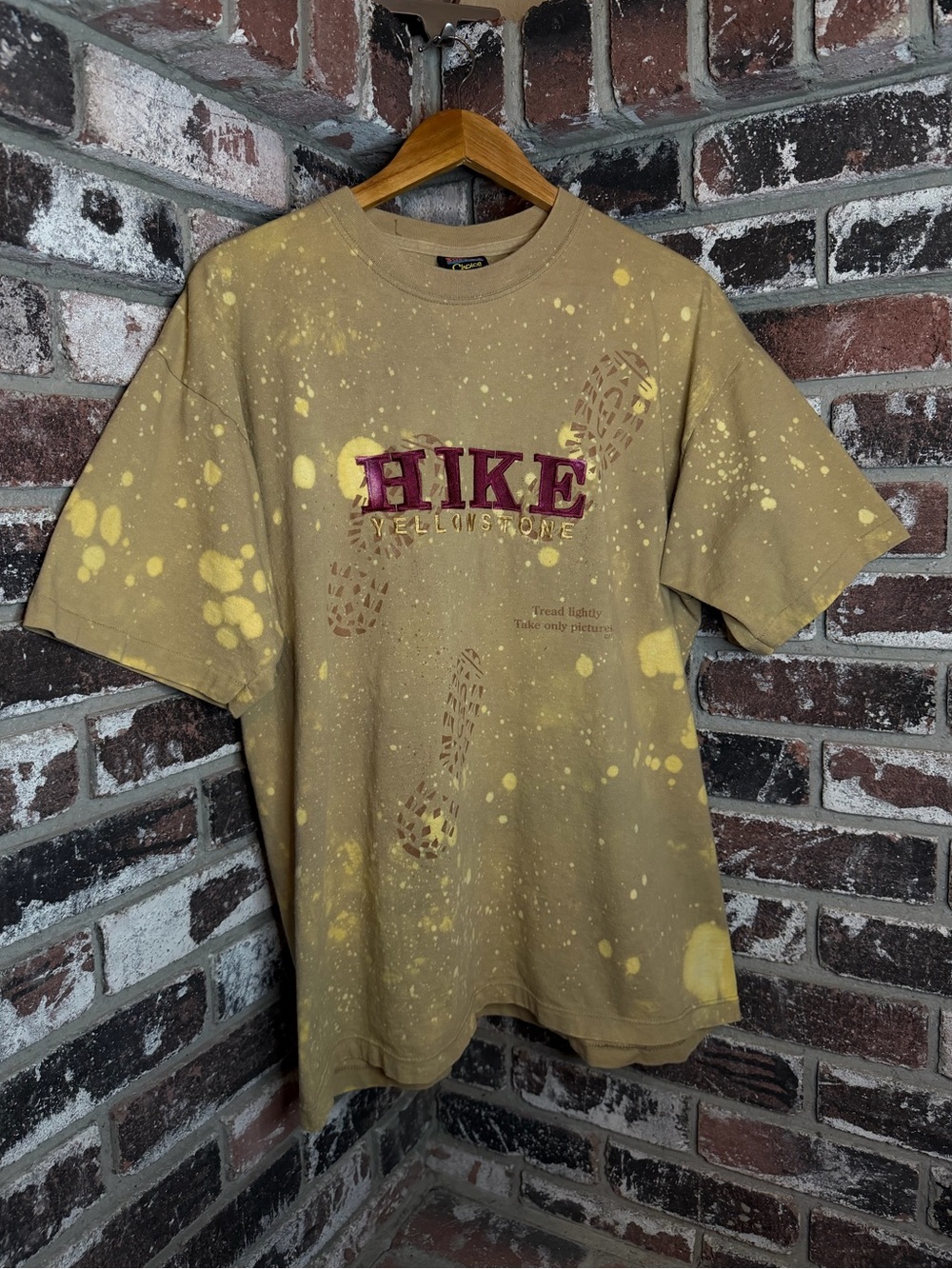 Vintage Soffee’s Hike Yellowstone Tread Lightly footprint bleach splatter tshirt